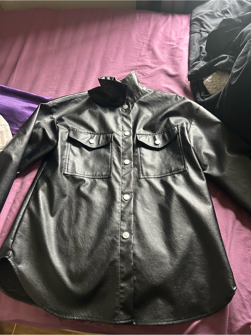 SHEIN Black Faux Leather Button-Up Jacket